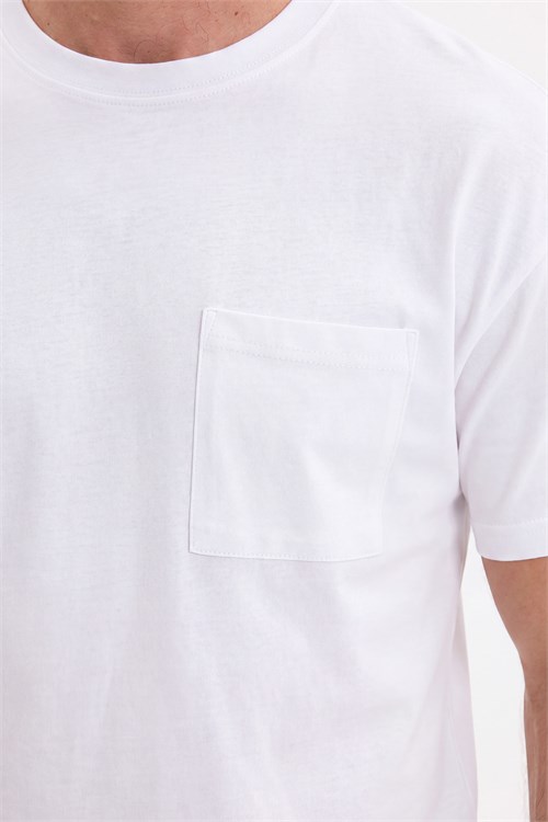 Erkek Oversize Geniş Kesim Pamuklu Kısa Kol Cepli Beyaz Bisiklet Yaka Tişört