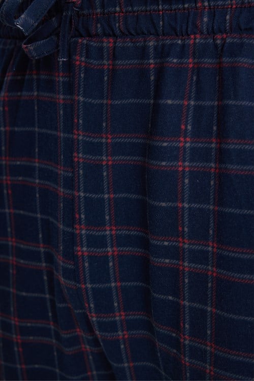 Erkek Standart Fit Normal Kesim Pamuklu Kareli Beli Bağcıklı Cepli  Lacivert Pijama Altı