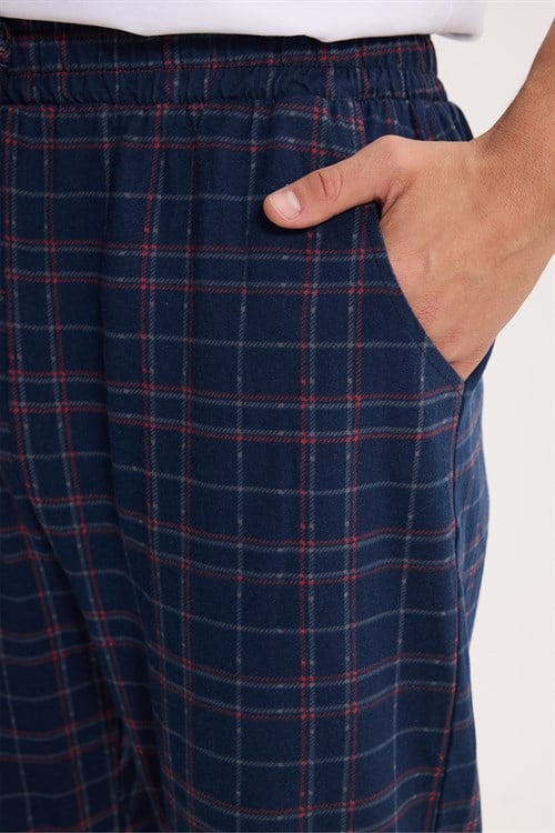 Erkek Standart Fit Normal Kesim Pamuklu Kareli Beli Bağcıklı Cepli  Lacivert Pijama Altı