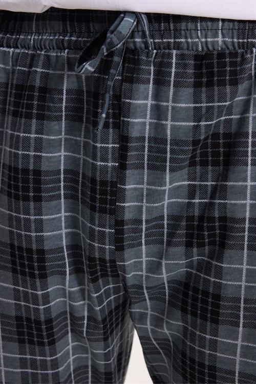 Erkek Standart Fit Normal Kesim Pamuklu Kareli Beli Bağcıklı Cepli Gri Pijama Altı