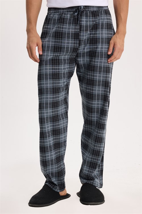 Erkek Standart Fit Normal Kesim Pamuklu Kareli Beli Bağcıklı Cepli Gri Pijama Altı