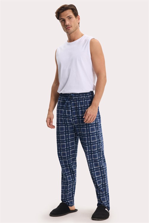 Erkek Standart Fit Normal Kesim Pamuklu Kareli Beli Bağcıklı Cepli  Lacivert Pijama Altı