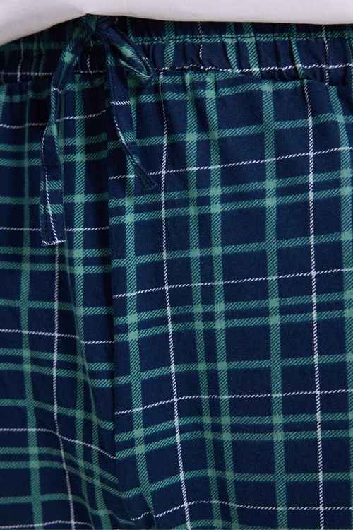 Erkek Standart Fit Normal Kesim Pamuklu Kareli Beli Bağcıklı Cepli  Lacivert Pijama Altı