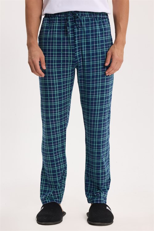 Erkek Standart Fit Normal Kesim Pamuklu Kareli Beli Bağcıklı Cepli  Lacivert Pijama Altı
