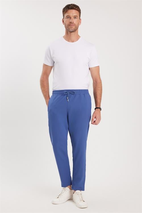 Erkek Regular Fit Beli Lastikli Bağcıklı Jogger İndigo Pantolon Rahat Kesim Yan Cepli