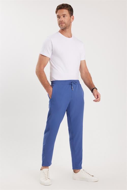 Erkek Regular Fit Beli Lastikli Bağcıklı Jogger İndigo Pantolon Rahat Kesim Yan Cepli