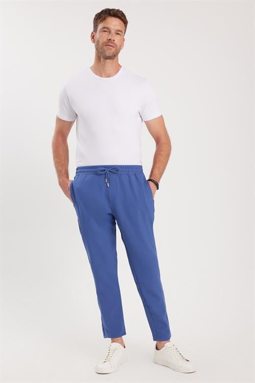 Erkek Regular Fit Beli Lastikli Bağcıklı Jogger İndigo Pantolon Rahat Kesim Yan Cepli