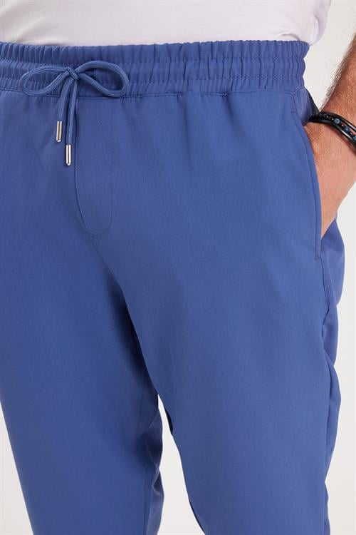 Erkek Regular Fit Beli Lastikli Bağcıklı Jogger İndigo Pantolon Rahat Kesim Yan Cepli