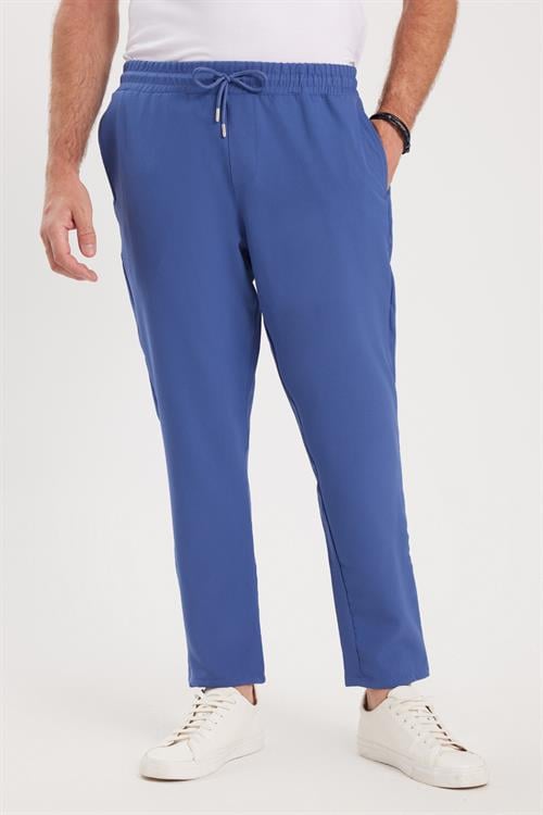 Erkek Regular Fit Beli Lastikli Bağcıklı Jogger İndigo Pantolon Rahat Kesim Yan Cepli