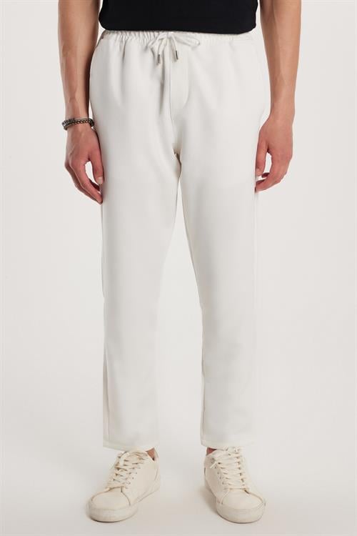 Erkek Regular Fit Beli Lastikli Bağcıklı Jogger Beyaz Pantolon Rahat Kesim Yan Cepli