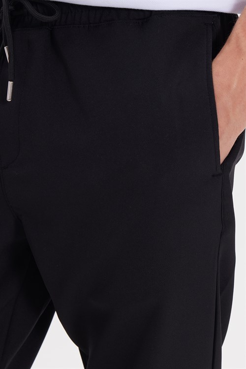Erkek Regular Fit Beli Lastikli Bağcıklı Jogger Siyah Pantolon Rahat Kesim Yan Cepli