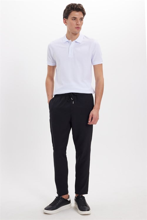 Erkek Regular Fit Beli Lastikli Bağcıklı Jogger Siyah Pantolon Rahat Kesim Yan Cepli