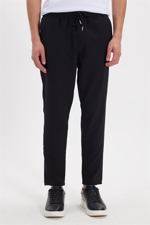Erkek Regular Fit Beli Lastikli Bağcıklı Jogger Siyah Pantolon Rahat Kesim Yan Cepli