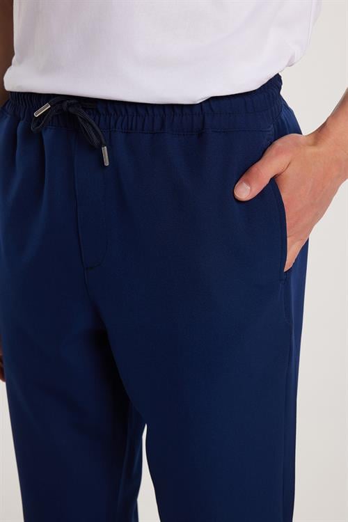 Erkek Regular Fit Beli Regular Fit Lastikli Bağcıklı Jogger Lacivert Pantolon Rahat Kesim Yan Cepli