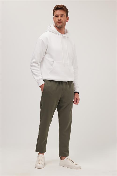 Erkek Regular Fit Beli Lastikli Bağcıklı Jogger Haki Pantolon Rahat Kesim Yan Cepli