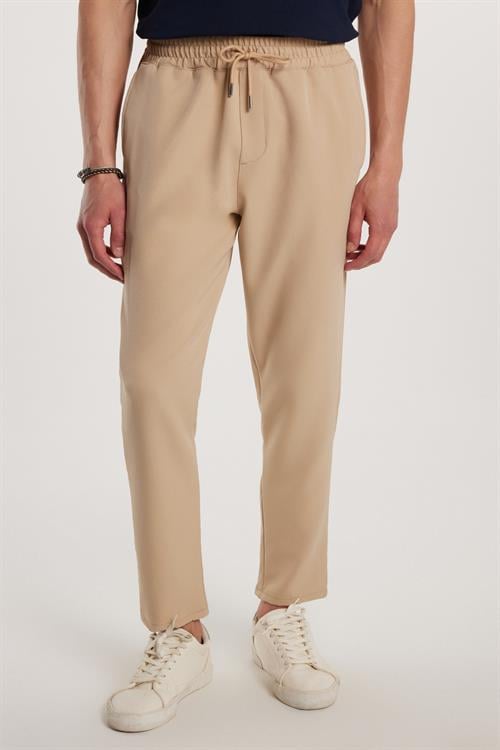 Erkek Regular Fit Beli Lastikli Bağcıklı Jogger Bej Pantolon Rahat Kesim Yan Cepli