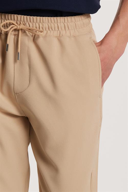 Erkek Regular Fit Beli Lastikli Bağcıklı Jogger Bej Pantolon Rahat Kesim Yan Cepli
