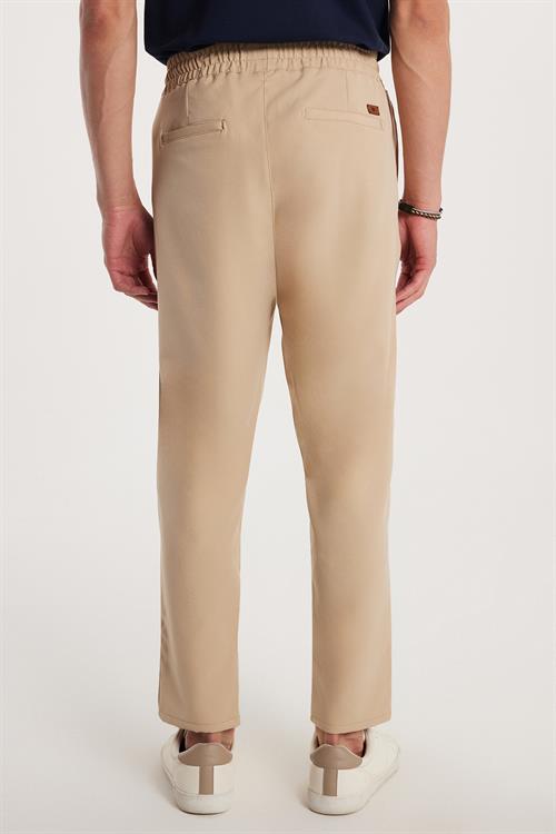 Erkek Regular Fit Beli Lastikli Bağcıklı Jogger Bej Pantolon Rahat Kesim Yan Cepli