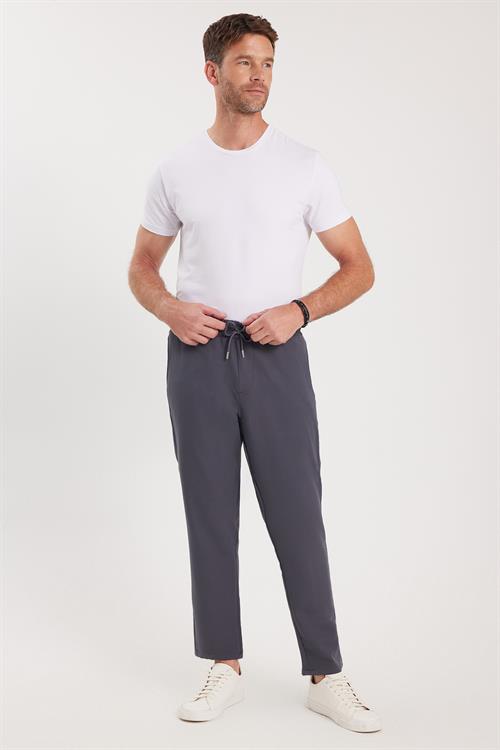 Erkek Regular Fit Beli Lastikli Bağcıklı Jogger Koyu Gri Pantolon Rahat Kesim Yan Cepli