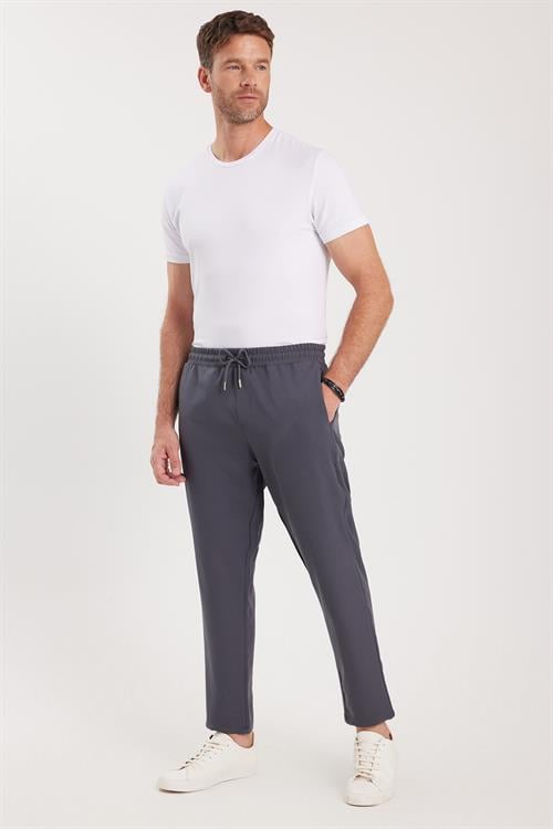 Erkek Regular Fit Beli Lastikli Bağcıklı Jogger Koyu Gri Pantolon Rahat Kesim Yan Cepli