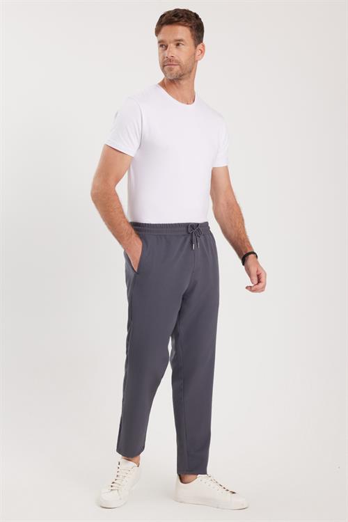 Erkek Regular Fit Beli Lastikli Bağcıklı Jogger Koyu Gri Pantolon Rahat Kesim Yan Cepli