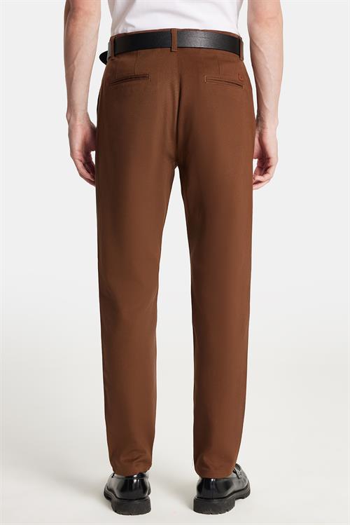 Erkek Slim Fit Chino Esnek Yandan Cepli Önü Fermuarlı Pamuklu Dokulu Kahverengi Pantolon