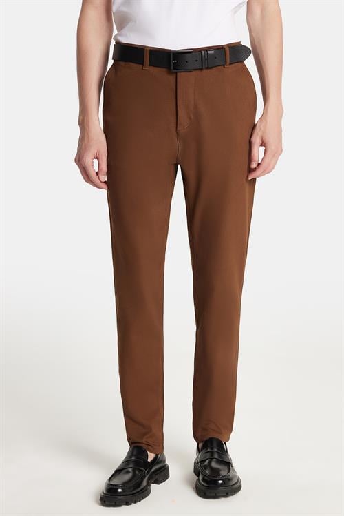 Erkek Slim Fit Chino Esnek Yandan Cepli Önü Fermuarlı Pamuklu Dokulu Kahverengi Pantolon