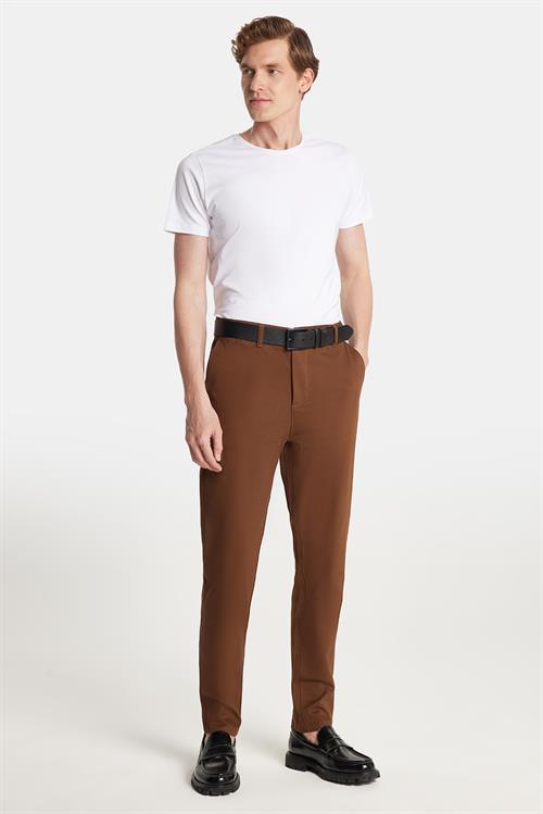 Erkek Slim Fit Chino Esnek Yandan Cepli Önü Fermuarlı Pamuklu Dokulu Kahverengi Pantolon