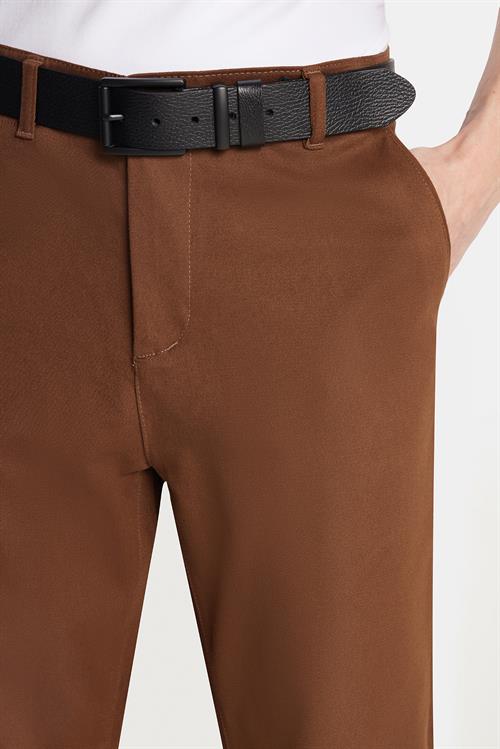 Erkek Slim Fit Chino Esnek Yandan Cepli Önü Fermuarlı Pamuklu Dokulu Kahverengi Pantolon