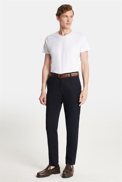 Erkek Slim Fit Chino Esnek Yandan Cepli Önü Fermuarlı Pamuklu Dokulu Lacivert Pantolon