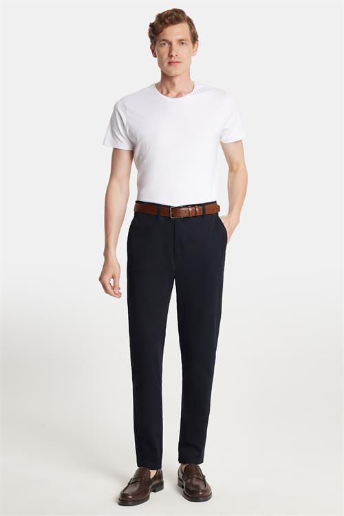 Erkek Slim Fit Chino Esnek Yandan Cepli Önü Fermuarlı Pamuklu Dokulu Lacivert Pantolon