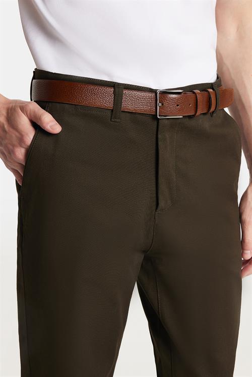 Erkek Slim Fit Chino Esnek Yandan Cepli Önü Fermuarlı Pamuklu Dokulu Haki Pantolon