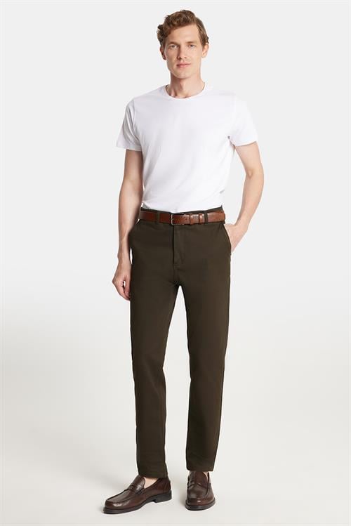 Erkek Slim Fit Chino Esnek Yandan Cepli Önü Fermuarlı Pamuklu Dokulu Haki Pantolon