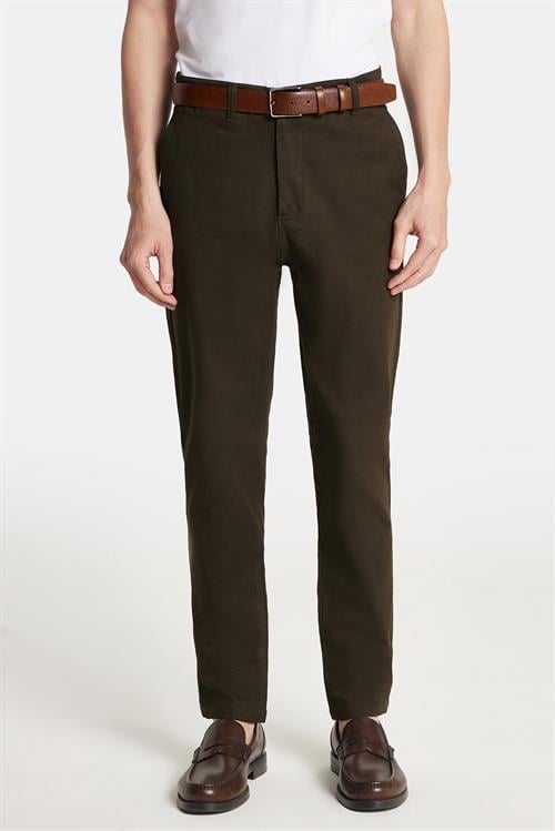 Erkek Slim Fit Chino Esnek Yandan Cepli Önü Fermuarlı Pamuklu Dokulu Haki Pantolon