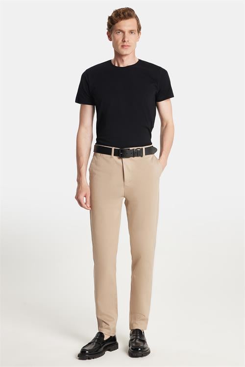 Erkek Slim Fit Chino Esnek Yandan Cepli Önü Fermuarlı Pamuklu Dokulu Bej Pantolon