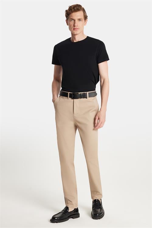 Erkek Slim Fit Chino Esnek Yandan Cepli Önü Fermuarlı Pamuklu Dokulu Bej Pantolon