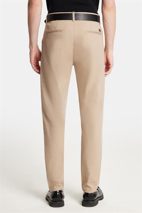Erkek Slim Fit Chino Esnek Yandan Cepli Önü Fermuarlı Pamuklu Dokulu Bej Pantolon