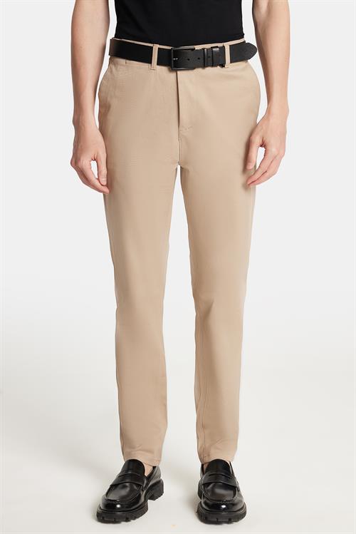 Erkek Slim Fit Chino Esnek Yandan Cepli Önü Fermuarlı Pamuklu Dokulu Bej Pantolon