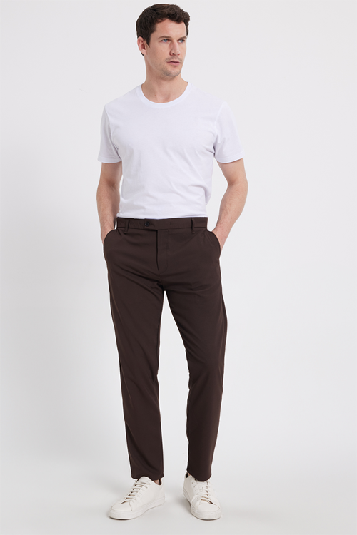 Erkek Slim Fit Dar Kesim Esnek Yan Cepli Bilek Boy Canvas Kesim Kahverengi Pantolon