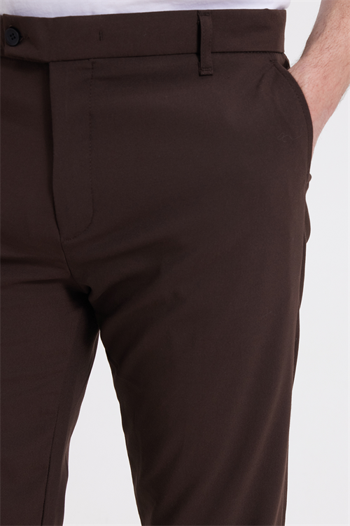 Erkek Slim Fit Dar Kesim Esnek Yan Cepli Bilek Boy Canvas Kesim Kahverengi Pantolon