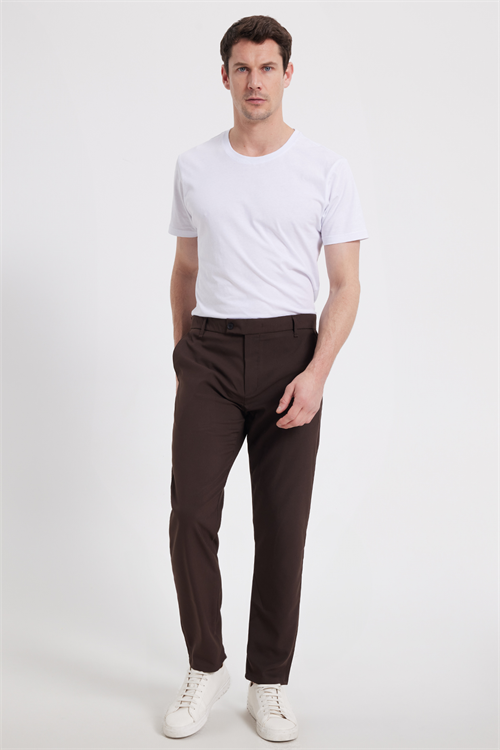 Erkek Slim Fit Dar Kesim Esnek Yan Cepli Bilek Boy Canvas Kesim Kahverengi Pantolon