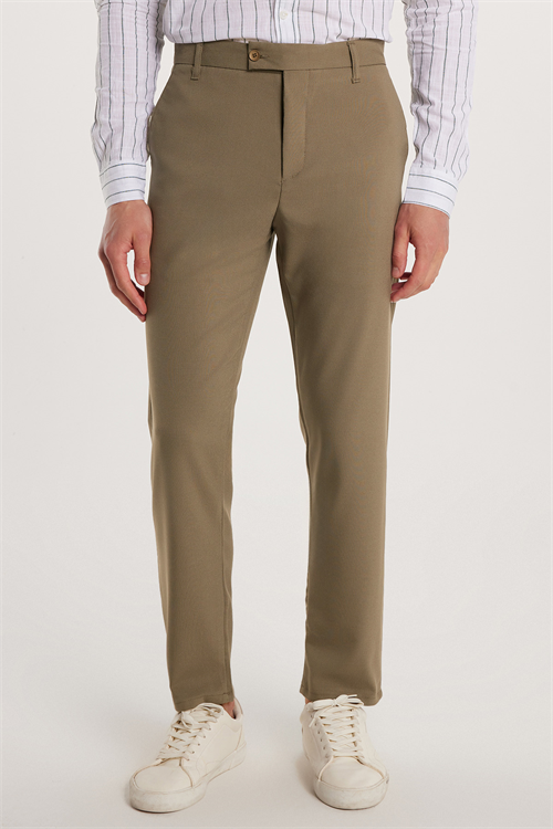 Erkek Slim Fit Dar Kesim Esnek Yan Cepli Bilek Boy Canvas Kesim Açık Haki Pantolon