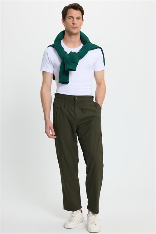 Erkek Regular Fit Çift Pileli Beli Lastikli Rahat Kesim Bol Paça Baggy Haki Pantolon