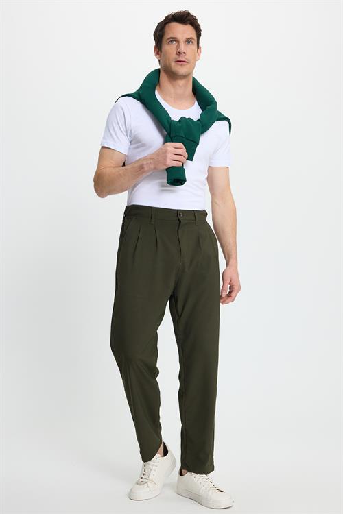 Erkek Regular Fit Çift Pileli Beli Lastikli Rahat Kesim Bol Paça Baggy Haki Pantolon