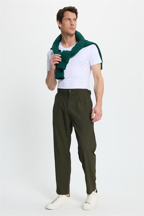 Erkek Regular Fit Çift Pileli Beli Lastikli Rahat Kesim Bol Paça Baggy Haki Pantolon