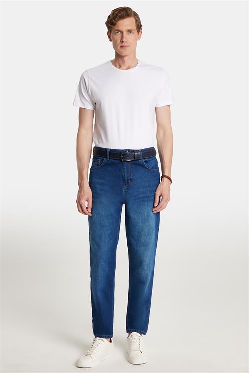 Erkek Relax Fit Geniş Kesim Boru Paça Yıkamalı Taşlamalı Boyfriend Esnek Lacivert Jean Kot Pantolon