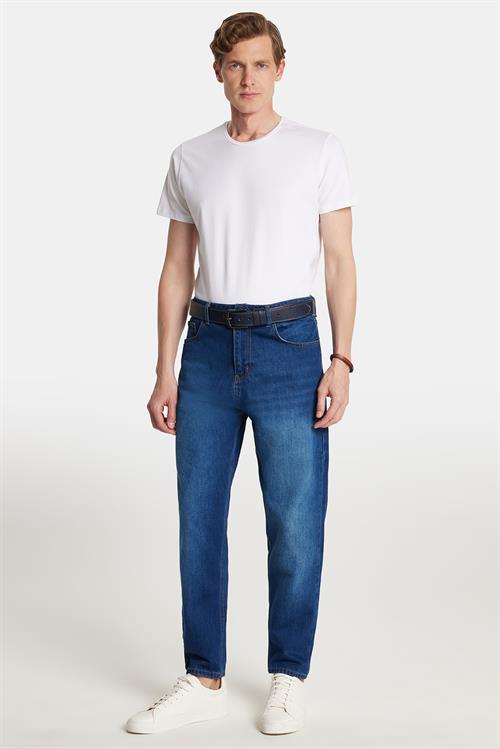 Erkek Relax Fit Geniş Kesim Boru Paça Yıkamalı Taşlamalı Boyfriend Esnek Lacivert Jean Kot Pantolon