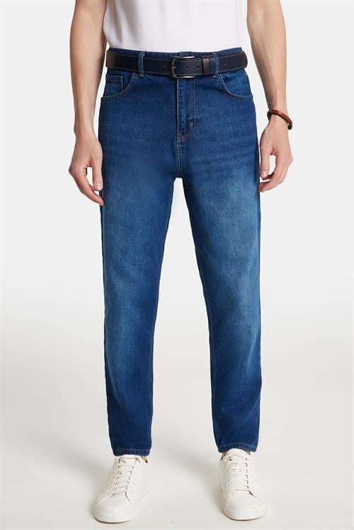 Erkek Relax Fit Geniş Kesim Boru Paça Yıkamalı Taşlamalı Boyfriend Esnek Lacivert Jean Kot Pantolon