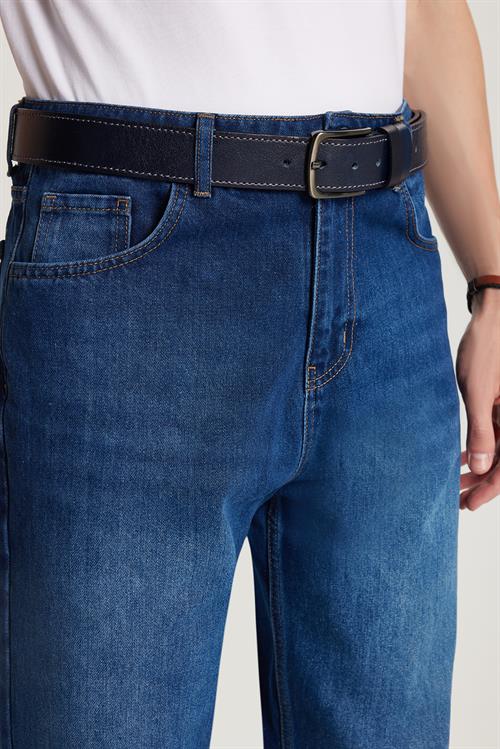 Erkek Relax Fit Geniş Kesim Boru Paça Yıkamalı Taşlamalı Boyfriend Esnek Lacivert Jean Kot Pantolon