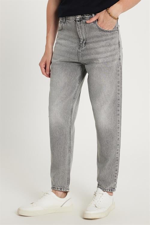 Erkek Relax Fit Geniş Kesim Boru Paça Yıkamalı Taşlamalı Boyfriend Esnek Gri Jean Kot Pantolon